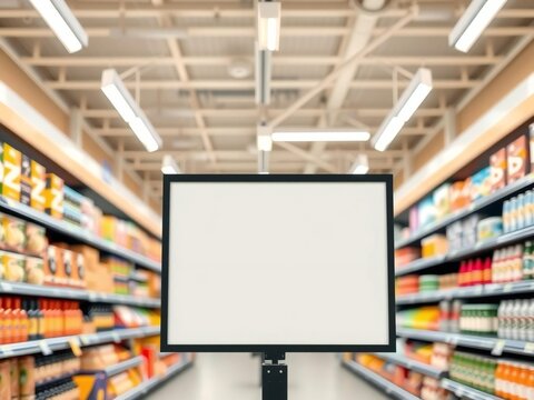 Supermarket aisle with bright lighting