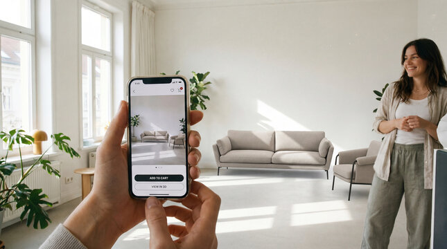 smartphone furniture shopping app previewing sofa inside bright living room showing immersive ecommerce home design visualization purchase confidence interior planning shopping decision support