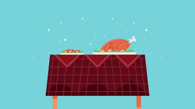 Animated thanksgiving dinner with roasted turkey and salad on festive table against blue background.