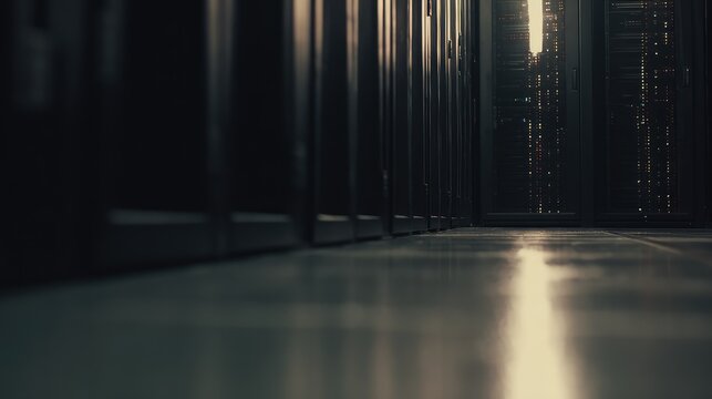 Server room interior with parallel rows of dark data racks and glowing indicator lights reflecting on a polished floor, evoking secure, high density network and cloud infrastructure