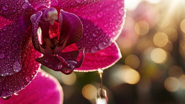 close-up of a vibrant pink orchid blossom covered in glistening water droplets, illuminated by soft morning sunlight with bokeh background, freshness and beauty