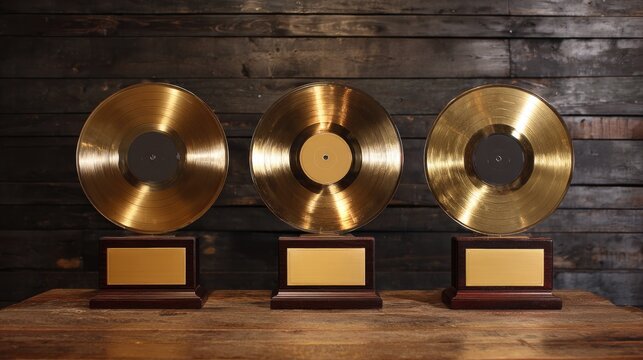 Three gold records on wooden stands against a dark wood backdrop
