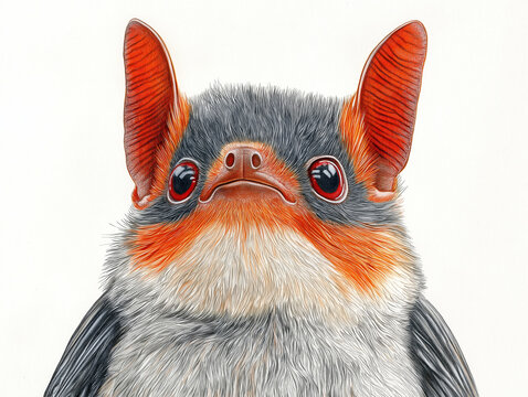 Charming and detailed realistic illustration of a small bat, featuring intricate fur texture and prominent ears, captured in a close-up portrait against a clean white background, showcasing its unique