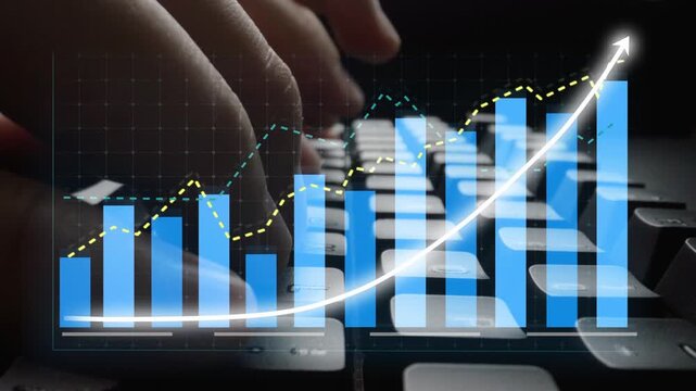 A themed visual representation of data analysis with a keyboard and financial graphs, highlighting growth trends and productivity in digital business strategies. Copula