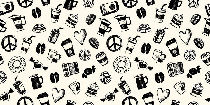 Coffee and peace sign doodle pattern on cream background