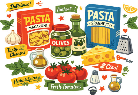 Italian pasta ingredients vector set, flat cartoon food collection with spaghetti and macaroni, fresh mediterranean grocery items for cooking