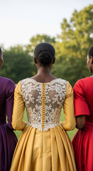 Fototapeta premium Three women stand side-by-side in formal dresses. The center figure showcases a gown with intricate lace detail, representative of elegance