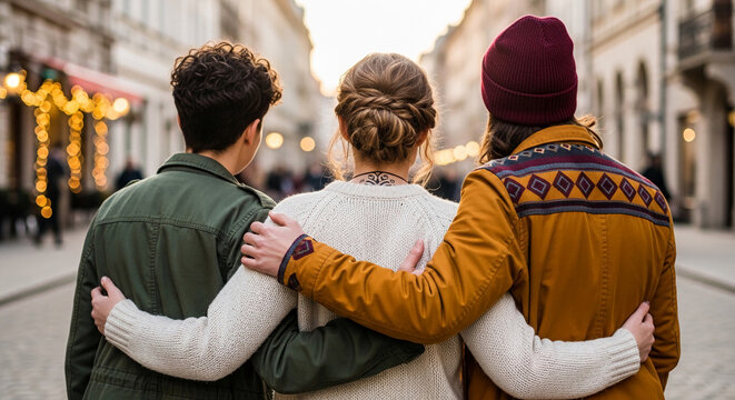 Three people with arms around each other, seen from behind, standing on a street, showing friendship, unity and support, perfect for companionship themes