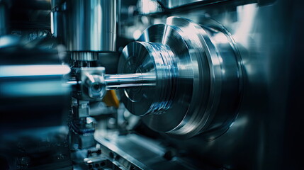 Fototapeta premium Spindle turning a metal billet with high precision in an automated computer numerical control machine, representing modern manufacturing and engineering processes