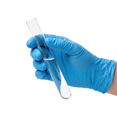 Gloved hand holding a glass test tube © BTG