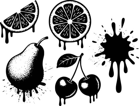 Black and white drip fruit pear, cherries, citrus slices, and splatter orange