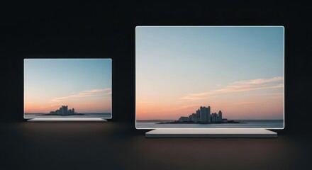 Fototapeta premium Two modern screens displaying a scenic sunset over a cityscape, showcasing technological advancement in digital display.