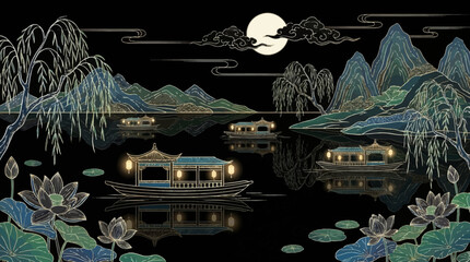 Chinese traditional boats on serene lake at night with full moon © Nadeesha
