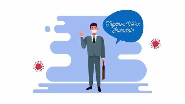 Business professional wearing mask waving hand with virus particles and message together we are invincible.