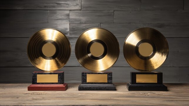 Three gleaming golden records with blank plaques, arranged on a wooden surface
