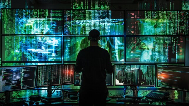 Person viewed from behind facing many monitors displaying lines of code and data streams