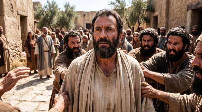 Apostle Paul captured by angry mob in ancient city. Religious scene depicting the persecution of saint in antiquity. Dramatic biblical storytelling of apostle facing trial and hostility.