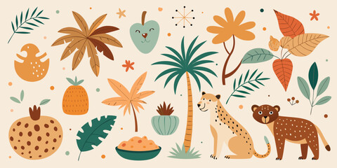 Jungle safari animals with exotic plants and botanical tropical design elements © Sadhin07