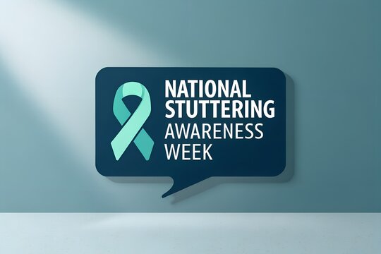 National stuttering awareness week graphic featuring a teal colored ribbon symbol displayed inside a dark blue speech bubble icon designed to promote education and support for people with communicatio