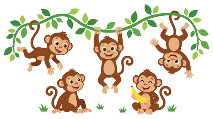 Naklejka premium Playful monkey characters climbing on jungle vines and eating fruit.