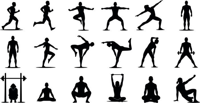 Fitness silhouette collection running yoga weightlifting and dynamic exercise poses