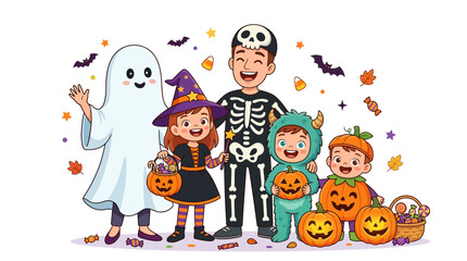 Fototapeta premium Cartoon illustration of a cheerful family in Halloween costumes, including ghost and skeleton outfits, standing with carved pumpkins and sweets on a clean white background with scattered