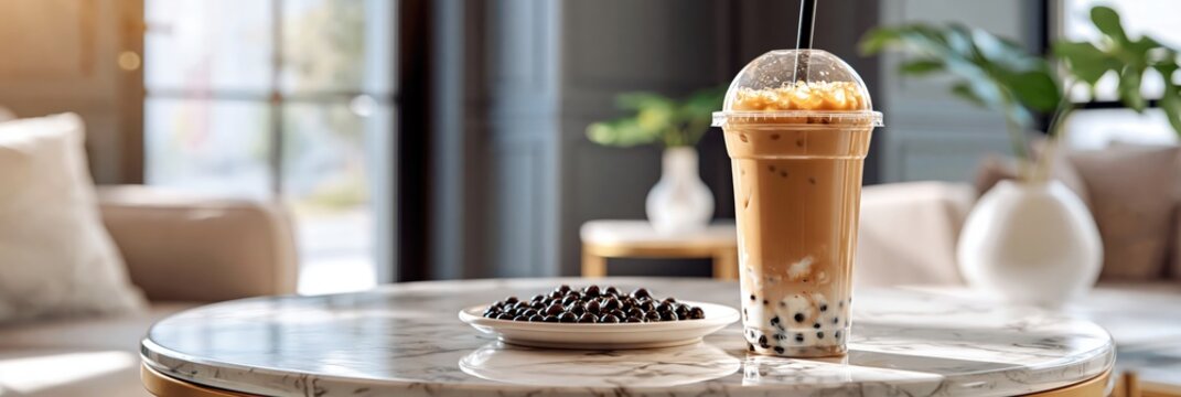 Refreshing bubble milk tea with tapioca pearls and ice
