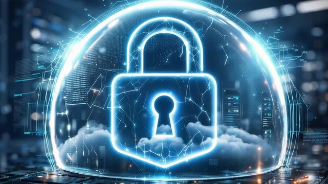 Neon blue padlock icon inside a protective digital sphere, symbolizing cybersecurity, data protection, and secure cloud computing technology within a futuristic server room environment