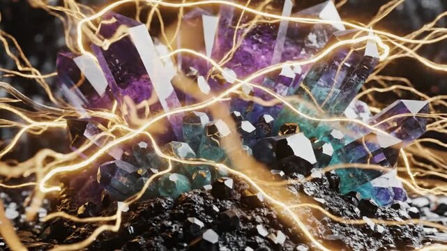 Abstract Glowing Crystal Cluster with Energy Lightning