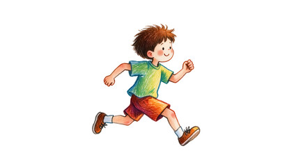 Young boy in green t-shirt and orange shorts running, isolated on transparent background