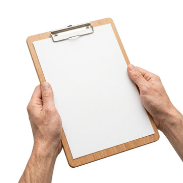 Man holding a wooden clipboard with a blank white paper