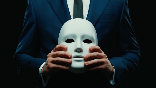 Man in suit holds white mask against dark background. Hands gently cradle mask, suggesting mystery or anonymity. Dark setting adds dramatic tone. Suitable for themes of secrecy, identity