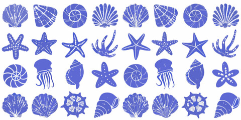 blue sea life silhouettes collection on white background © Anik