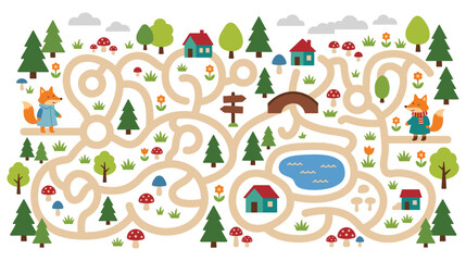 Fototapeta premium Cute fox characters in forest maze game with trees and mushrooms.