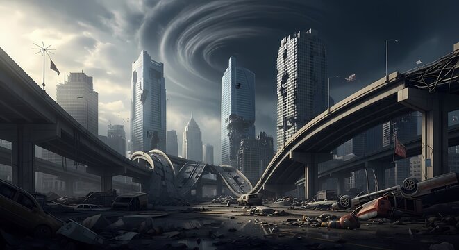 Abandoned highway loops through a desolate cityscape with a ghost town atmosphere and cloudy stormy sky
