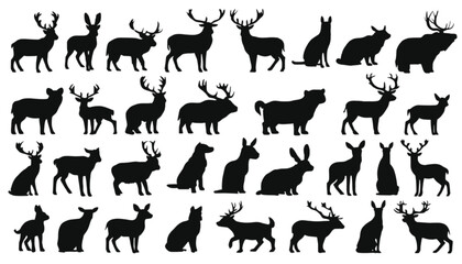 Obraz premium Deer are showcased through an extensive collection of black silhouettes representing various forest species including stags and fawns in different stances for use in professional graphic layouts.