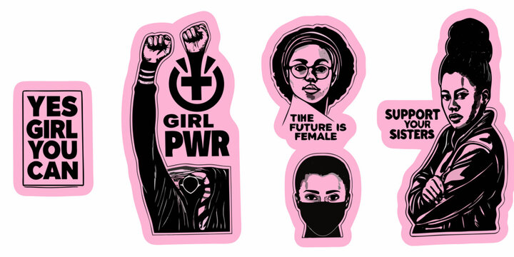 Feminist empowerment stickers with slogans and illustrations pink background