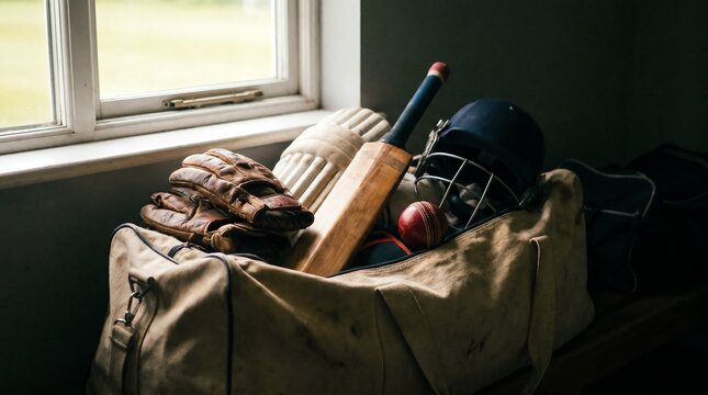 Cricket equipment on a bag indoors.