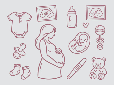 Pregnancy and Newborn Baby Elements Flat Vector Set, Motherhood Maternity Icon Illustration