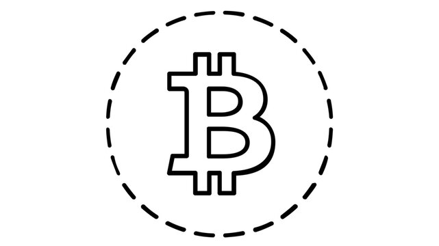 Minimalist Bitcoin cryptocurrency vector icon illustration featuring a clean black line art symbol of a digital coin inside a dashed circular border, isolated on white for finance and business.