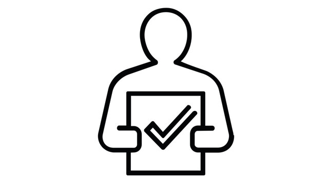 Minimalist vector icon illustration of a compliance officer or auditor holding a clipboard with a checkmark, symbolizing quality control, legal verification, business approval, and professional