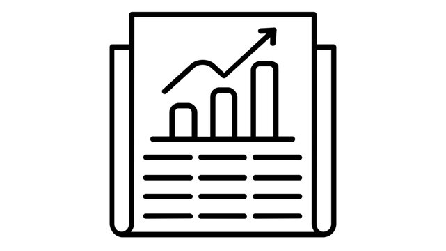 Minimalist Vector Icon Illustration of a Financial News Report Featuring a Growing Stock Market Bar Chart and Upward Trend Arrow, Perfect for Business Data Analysis and Economic Growth Concepts.