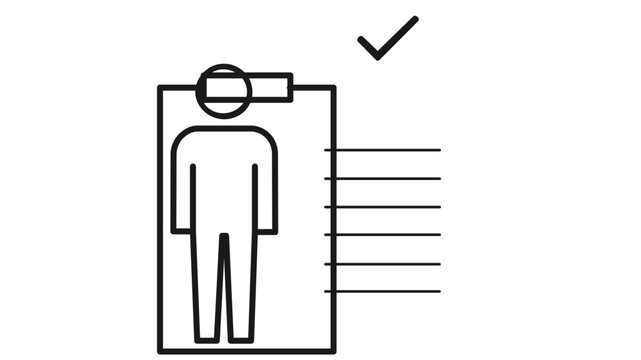 Minimalist vector icon illustration of a compliance officer or auditor standing next to a clipboard with a checkmark, representing business approval, completed tasks, quality control, and audit.