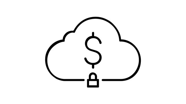 Fintech Cloud Vector Icon Illustration: A Minimalist Line Art Design Featuring a Cloud with a Dollar Sign and Secure Lock, Representing Digital Banking, Financial Security, and Online Payments.