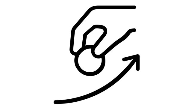 Minimalist vector icon illustration of a hand holding a coin with an upward arrow, symbolizing economic stimulus, financial growth, investment, and money injection into the market. Clean line art.
