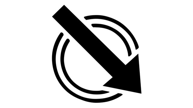 Minimalist deflation vector icon illustration featuring a thick black arrow pointing diagonally down through concentric circular lines, symbolizing economic recession, financial downturn, and loss.