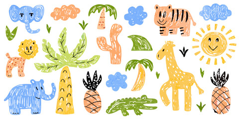 Children s illustration of safari animals and tropical plants on black © Anik