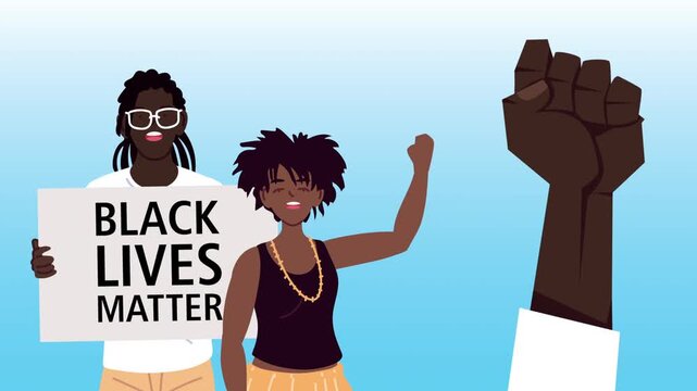 Black lives matter movement animation with women protesting and raised hand, dynamic motion graphics footage.