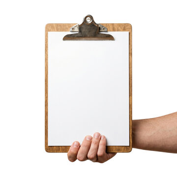 Hand holding a wooden clipboard with blank paper