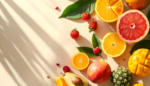 A vibrant display of sliced fruits including oranges, grapefruit, and mango on a sunlit surface